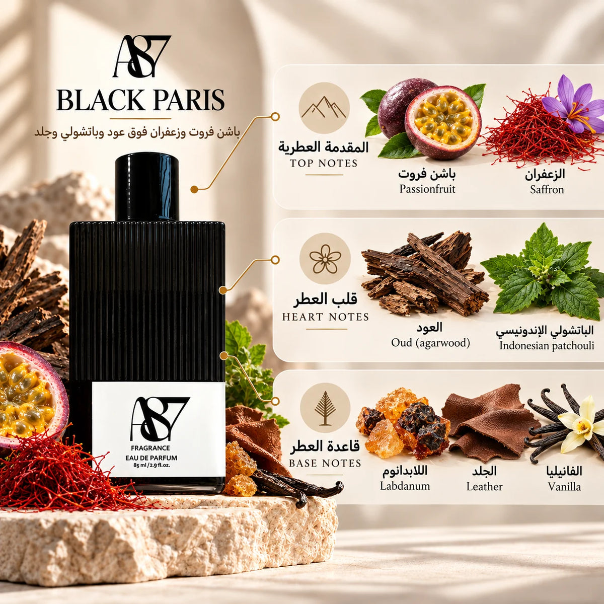 Black Paris notes: Passionfruit, saffron; Oud (agarwood), Indonesian patchouli; Labdanum, leather, vanilla
