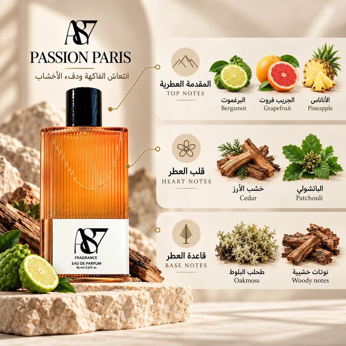 Passion Paris notes: Bergamot, grapefruit, pineapple; Cedar, patchouli; Oakmoss, woody notes