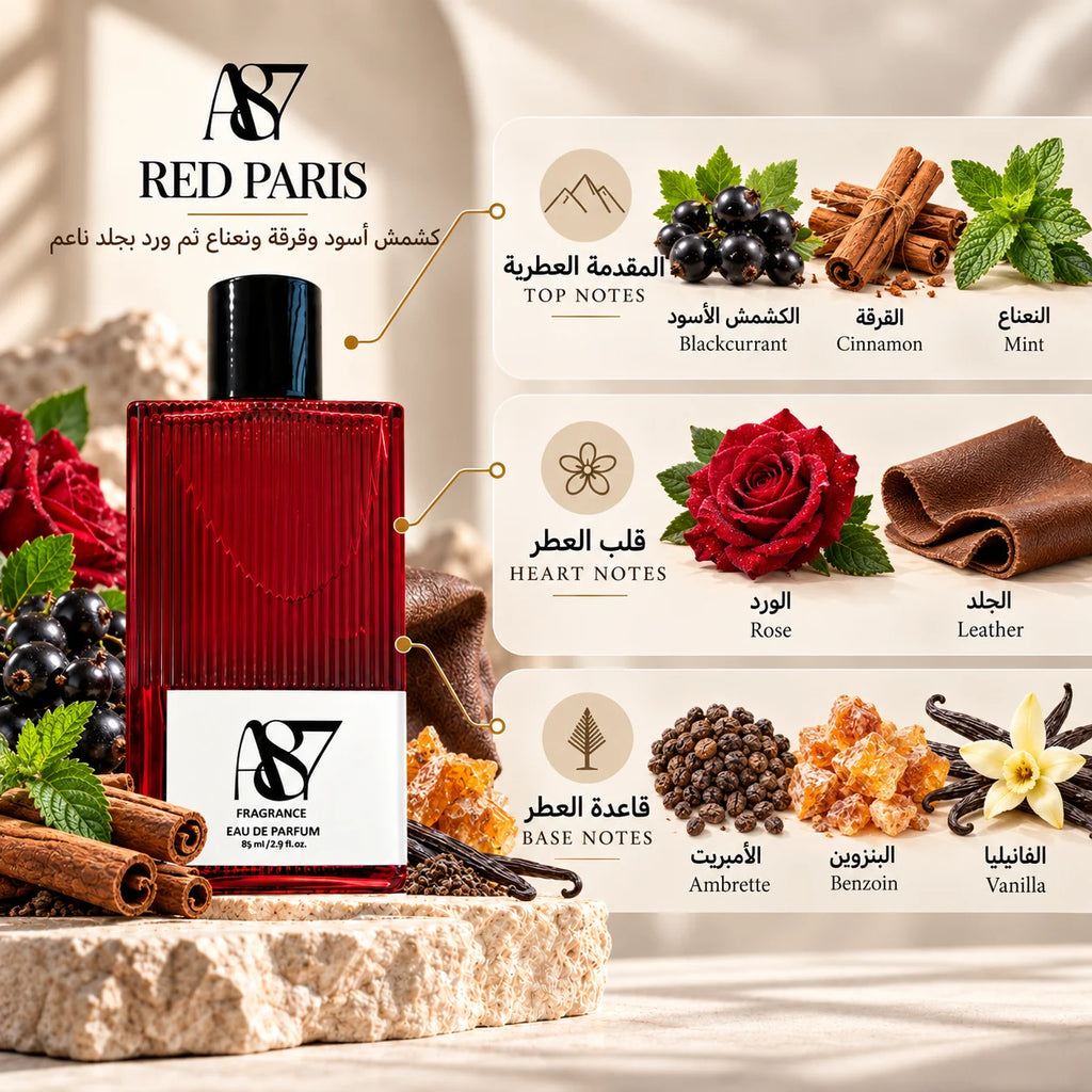 Red Paris notes: Blackcurrant, cinnamon, mint; Rose, leather; Ambrette, benzoin, vanilla