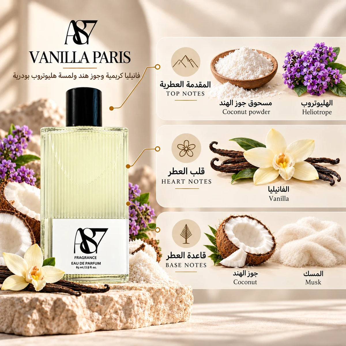 Vanilla Paris notes: Coconut powder, heliotrope; Vanilla; Coconut, musk