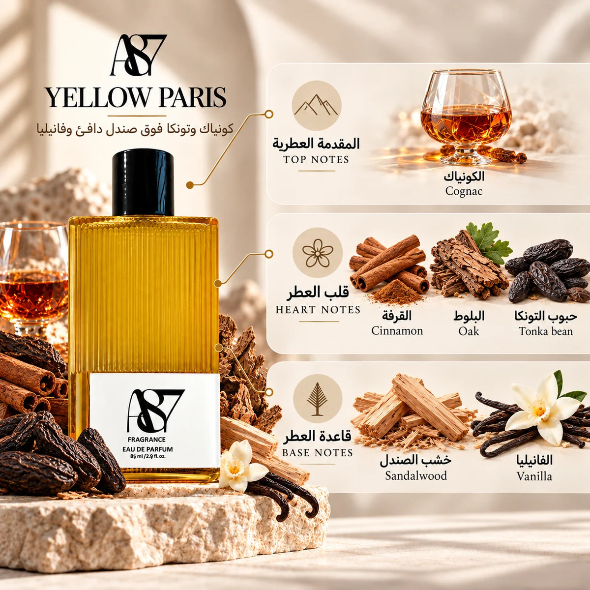 Yellow Paris notes: Cognac; Cinnamon, oak, tonka bean; Sandalwood, vanilla